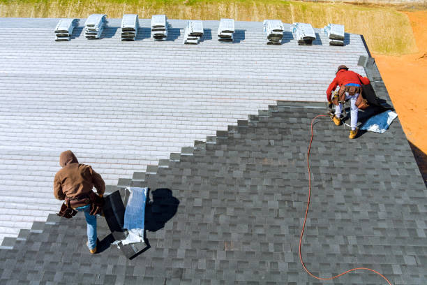 Two men collaborating on a roof, utilizing a ladder for access and support, while performing waterproofing services in Atlanta.