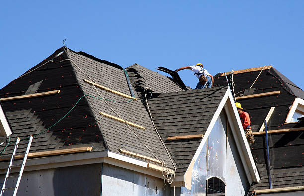 Two man engaged in asphalt roof installation on a house, demonstrating construction skills and safety measures.